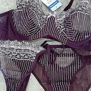 ُThree Piece Pantie bra Set,Two back-less and Brief Panties, Metalic Woven Lace